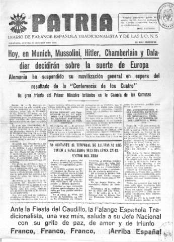 'Patria  : diario de Falange Española Tradicionalista y de las J.O.N.S.' - Año IV Número 377  - 1938 Septiembre 29