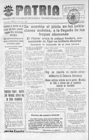 'Patria  : diario de Falange Española Tradicionalista y de las J.O.N.S.' - Año IV Número 381  - 1938 Octubre 04