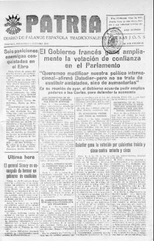 'Patria  : diario de Falange Española Tradicionalista y de las J.O.N.S.' - Año IV Número 382  - 1938 Octubre 05