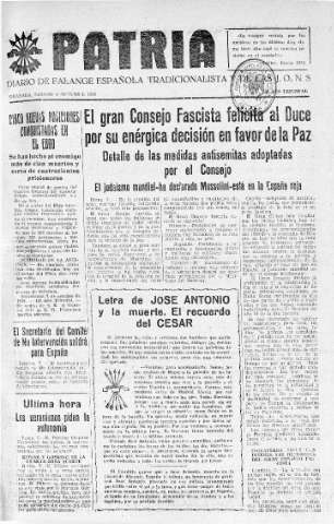 'Patria  : diario de Falange Española Tradicionalista y de las J.O.N.S.' - Año IV Número 385  - 1938 Octubre 08