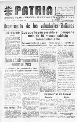 'Patria  : diario de Falange Española Tradicionalista y de las J.O.N.S.' - Año IV Número 386  - 1938 Octubre 09