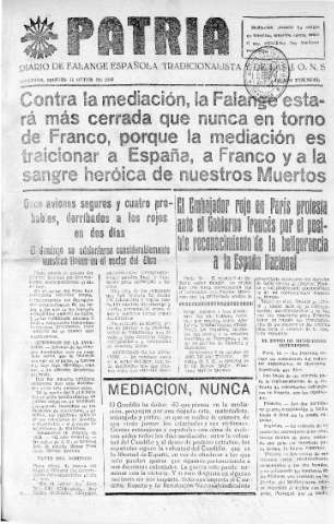 'Patria  : diario de Falange Española Tradicionalista y de las J.O.N.S.' - Año IV Número 387  - 1938 Octubre 11