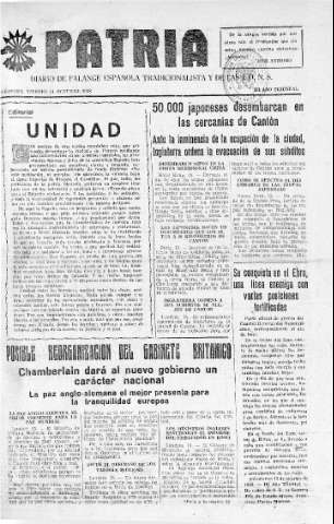 'Patria  : diario de Falange Española Tradicionalista y de las J.O.N.S.' - Año IV Número 390  - 1938 Octubre 14