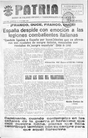 'Patria  : diario de Falange Española Tradicionalista y de las J.O.N.S.' - Año IV Número 392  - 1938 Octubre 16