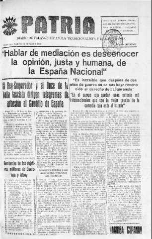'Patria  : diario de Falange Española Tradicionalista y de las J.O.N.S.' - Año IV Número 393  - 1938 Octubre 18