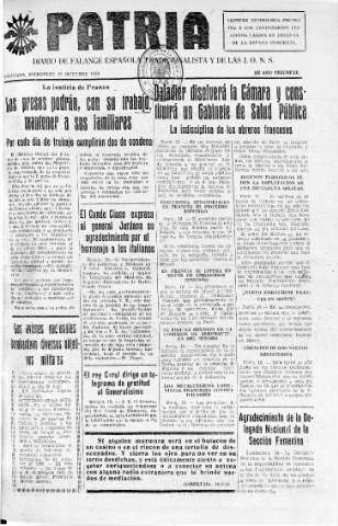 'Patria  : diario de Falange Española Tradicionalista y de las J.O.N.S.' - Año IV Número 394  - 1938 Octubre 19