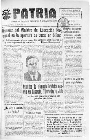 'Patria  : diario de Falange Española Tradicionalista y de las J.O.N.S.' - Año IV Número 398  - 1938 Octubre 23