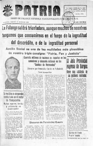 'Patria  : diario de Falange Española Tradicionalista y de las J.O.N.S.' - Año IV Número 399  - 1938 Octubre 25