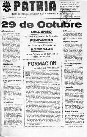 'Patria  : diario de Falange Española Tradicionalista y de las J.O.N.S.' - Año IV Número 403  - 1938 Octubre 29