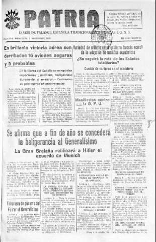 'Patria  : diario de Falange Española Tradicionalista y de las J.O.N.S.' - Año IV Número 406  - 1938 Noviembre 02