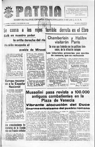 'Patria  : diario de Falange Española Tradicionalista y de las J.O.N.S.' - Año IV Número 411  - 1938 Noviembre 05