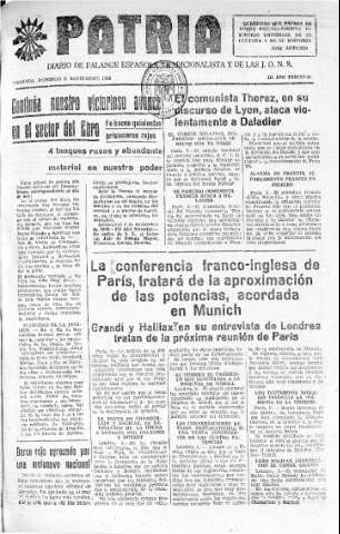 'Patria  : diario de Falange Española Tradicionalista y de las J.O.N.S.' - Año IV Número 412  - 1938 Noviembre 06