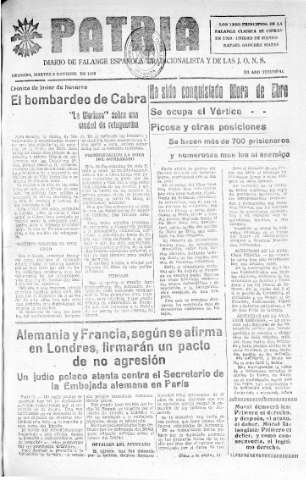 'Patria  : diario de Falange Española Tradicionalista y de las J.O.N.S.' - Año IV Número 413  - 1938 Noviembre 08