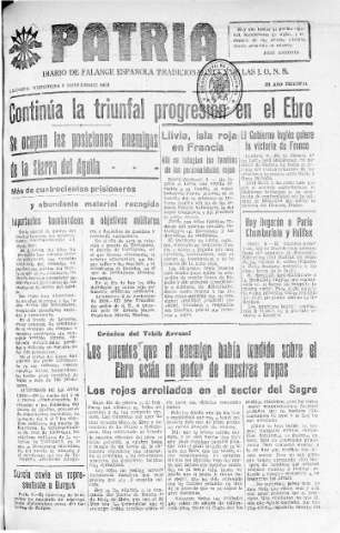 'Patria  : diario de Falange Española Tradicionalista y de las J.O.N.S.' - Año IV Número 414  - 1938 Noviembre 09