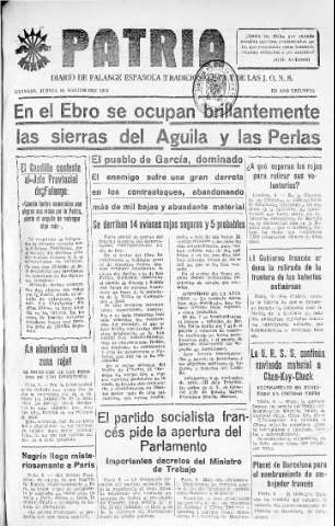 'Patria  : diario de Falange Española Tradicionalista y de las J.O.N.S.' - Año IV Número 415  - 1938 Noviembre 10