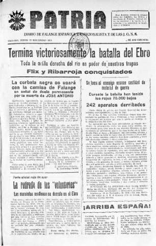 'Patria  : diario de Falange Española Tradicionalista y de las J.O.N.S.' - Año IV Número 421  - 1938 Noviembre 17