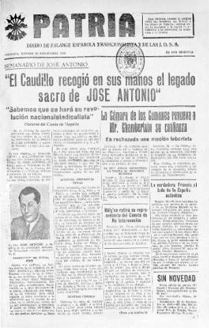 'Patria  : diario de Falange Española Tradicionalista y de las J.O.N.S.' - Año IV Número 423  - 1938 Noviembre 19