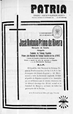 'Patria  : diario de Falange Española Tradicionalista y de las J.O.N.S.' - Año IV Número   - 1938 Noviembre 20