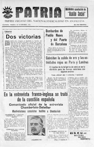 'Patria  : diario de Falange Española Tradicionalista y de las J.O.N.S.' - Año IV Número 427  - 1938 Noviembre 25
