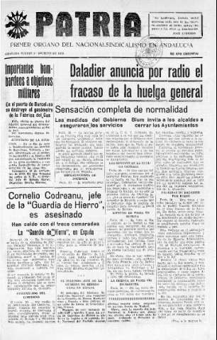 'Patria  : diario de Falange Española Tradicionalista y de las J.O.N.S.' - Año IV Número 432  - 1938 Diciembre 01