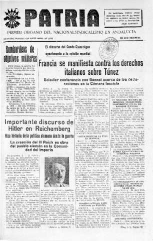 'Patria  : diario de Falange Española Tradicionalista y de las J.O.N.S.' - Año IV Número 434  - 1938 Diciembre 03