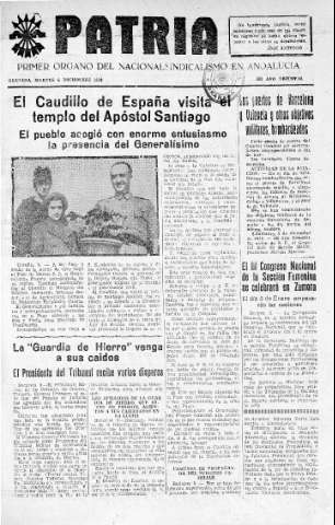 'Patria  : diario de Falange Española Tradicionalista y de las J.O.N.S.' - Año IV Número 436  - 1938 Diciembre 06
