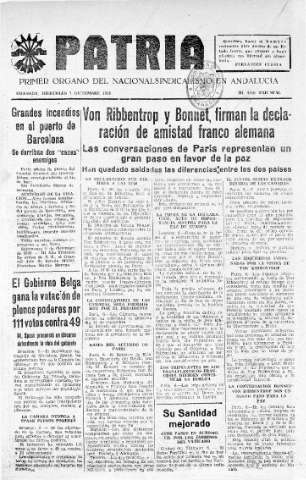 'Patria  : diario de Falange Española Tradicionalista y de las J.O.N.S.' - Año IV Número 437  - 1938 Diciembre 07