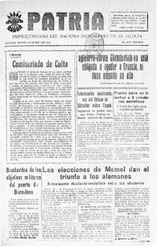 'Patria  : diario de Falange Española Tradicionalista y de las J.O.N.S.' - Año IV Número 442  - 1938 Diciembre 13
