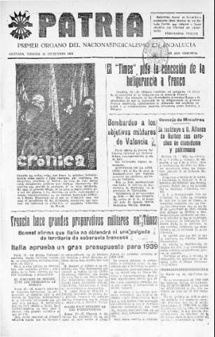 'Patria  : diario de Falange Española Tradicionalista y de las J.O.N.S.' - Año IV Número 445  - 1938 Diciembre 16