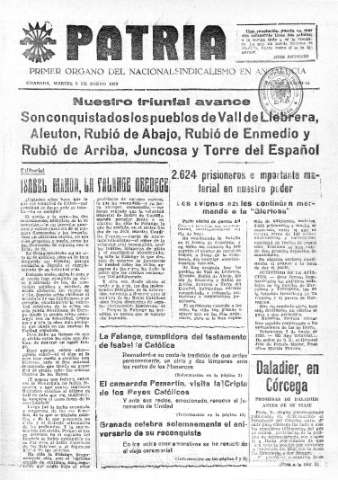 'Patria  : diario de Falange Española Tradicionalista y de las J.O.N.S.' - Año V Número 458  - 1939 Enero 03