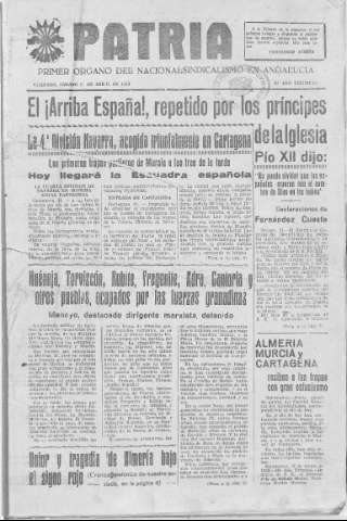 'Patria  : diario de Falange Española Tradicionalista y de las J.O.N.S.' - Año V Número 555  - 1939 Abril 01