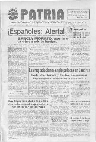 'Patria  : diario de Falange Española Tradicionalista y de las J.O.N.S.' - Año V Número 558  - 1939 Abril 05