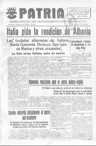 'Patria  : diario de Falange Española Tradicionalista y de las J.O.N.S.' - Año V Número 560  - 1939 Abril 08