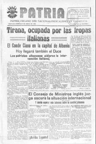 'Patria  : diario de Falange Española Tradicionalista y de las J.O.N.S.' - Año V Número 561  - 1939 Abril 09