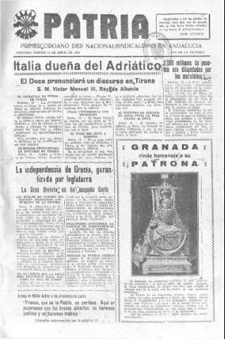 'Patria  : diario de Falange Española Tradicionalista y de las J.O.N.S.' - Año V Número 562  - 1939 Abril 11
