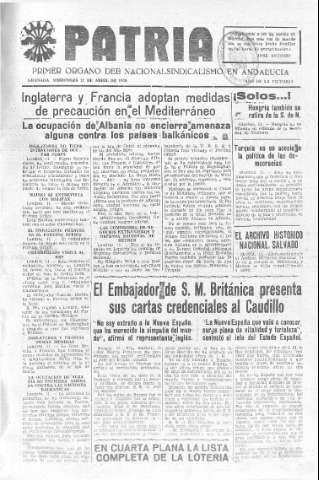 'Patria  : diario de Falange Española Tradicionalista y de las J.O.N.S.' - Año V Número 563  - 1939 Abril 12