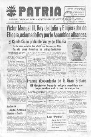 'Patria  : diario de Falange Española Tradicionalista y de las J.O.N.S.' - Año V Número 564  - 1939 Abril 13