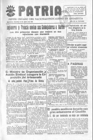 'Patria  : diario de Falange Española Tradicionalista y de las J.O.N.S.' - Año V Número 574  - 1939 Abril 25