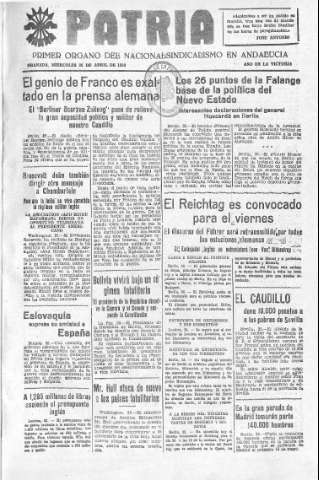 'Patria  : diario de Falange Española Tradicionalista y de las J.O.N.S.' - Año V Número 575  - 1939 Abril 26