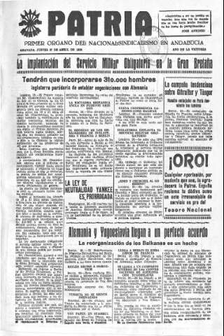 'Patria  : diario de Falange Española Tradicionalista y de las J.O.N.S.' - Año V Número 576  - 1939 Abril 27