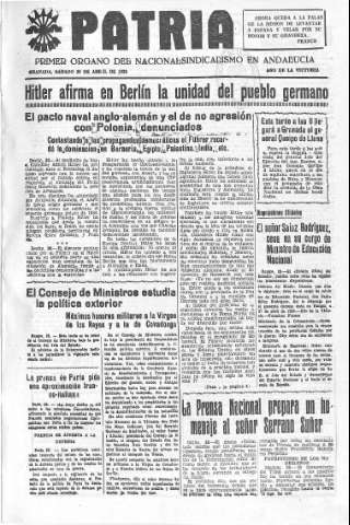 'Patria  : diario de Falange Española Tradicionalista y de las J.O.N.S.' - Año V Número 578  - 1939 Abril 29