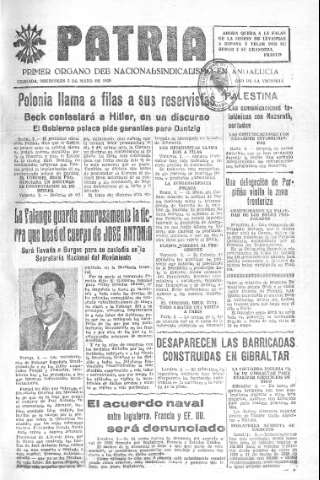 'Patria  : diario de Falange Española Tradicionalista y de las J.O.N.S.' - Año V Número 581  - 1939 Mayo 03