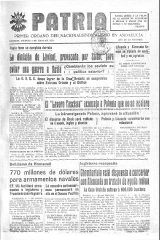 'Patria  : diario de Falange Española Tradicionalista y de las J.O.N.S.' - Año V Número 583  - 1939 Mayo 05
