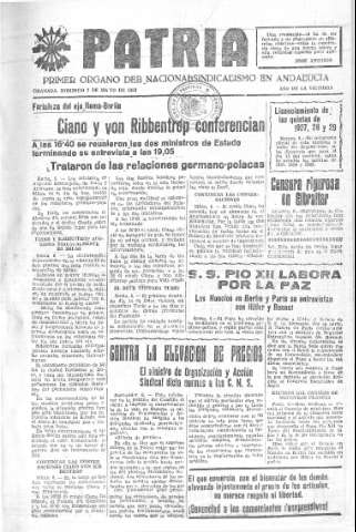 'Patria  : diario de Falange Española Tradicionalista y de las J.O.N.S.' - Año V Número 585  - 1939 Mayo 07