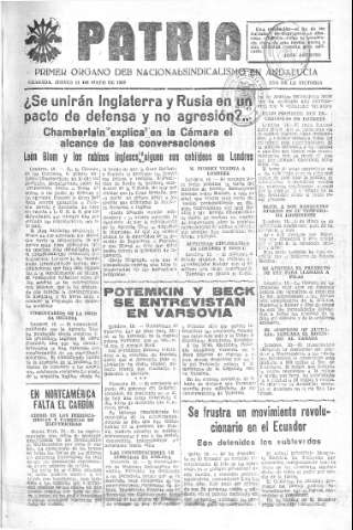 'Patria  : diario de Falange Española Tradicionalista y de las J.O.N.S.' - Año V Número 588  - 1939 Mayo 11