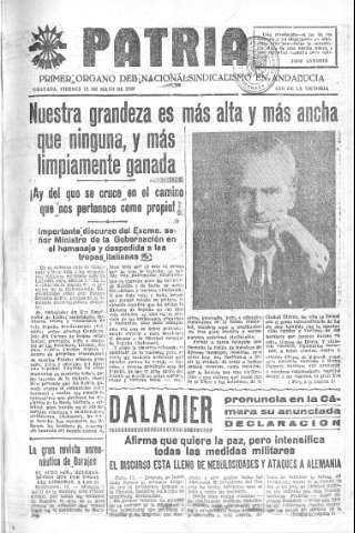 'Patria  : diario de Falange Española Tradicionalista y de las J.O.N.S.' - Año V Número 589  - 1939 Mayo 12