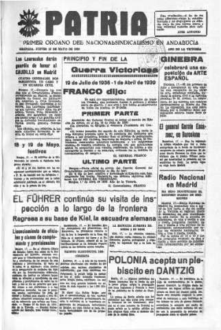 'Patria  : diario de Falange Española Tradicionalista y de las J.O.N.S.' - Año V Número 594  - 1939 Mayo 18