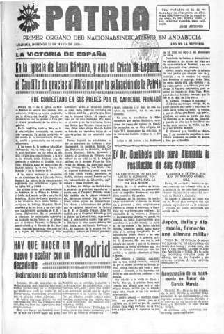 'Patria  : diario de Falange Española Tradicionalista y de las J.O.N.S.' - Año V Número 597  - 1939 Mayo 21