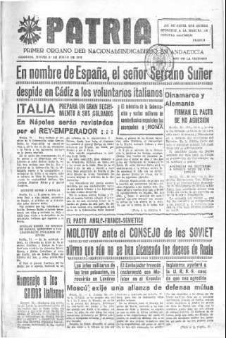 'Patria  : diario de Falange Española Tradicionalista y de las J.O.N.S.' - Año V Número 606  - 1939 Junio 01