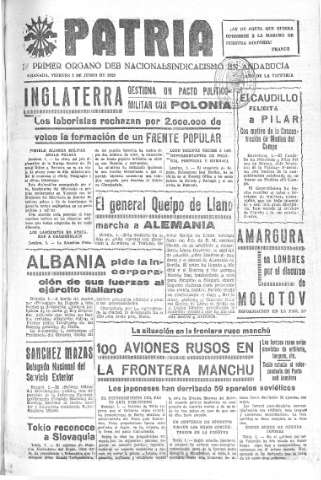 'Patria  : diario de Falange Española Tradicionalista y de las J.O.N.S.' - Año V Número 607  - 1939 Junio 02